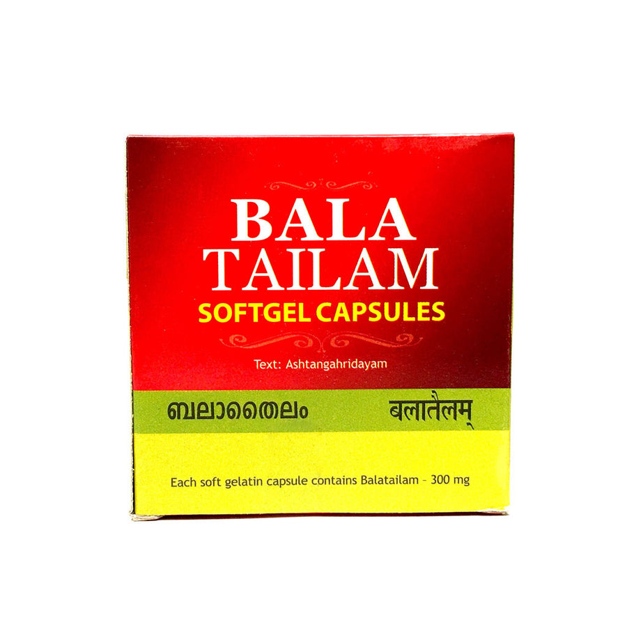 Bala Tailam SoftGel Capsule Box, Ayurvedic Product manufactured by Arya Vaidya Sala, Kottakkal Ayurveda for USA Distribution