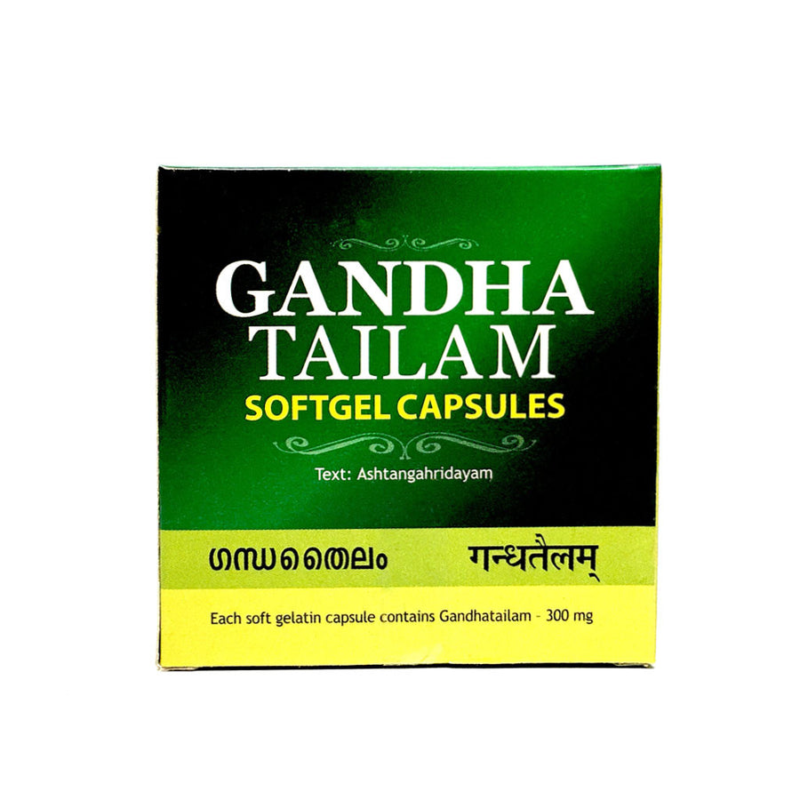Gandha Tailam SoftGel Capsule Box, Ayurvedic Product manufactured by Arya Vaidya Sala, Kottakkal Ayurveda for USA Distribution