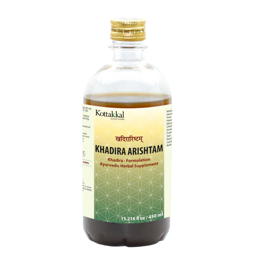 Khadira Arishtam Bottle, Ayurvedic Product manufactured by Arya Vaidya Sala, Kottakkal Ayurveda for USA Distribution