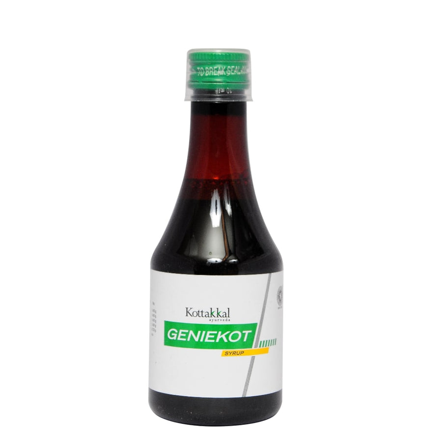 Geniekot Syrup Bottle, Ayurvedic Product manufactured by Arya Vaidya Sala, Kottakkal Ayurveda for USA Distribution